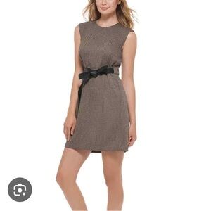 Calvin Klein Elegant Brown Sleeveless Dress with Black Belt